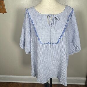 Ali Miles Blue White Striped Linen Blend Shirt Sleeve Frayed Trim Top Size Large